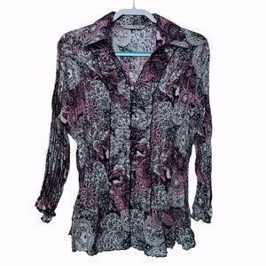 Y2K Sheer Paisley Ruffle Top Shirt XL Crinkle Button Up Cute Goth Fairy Feminine
